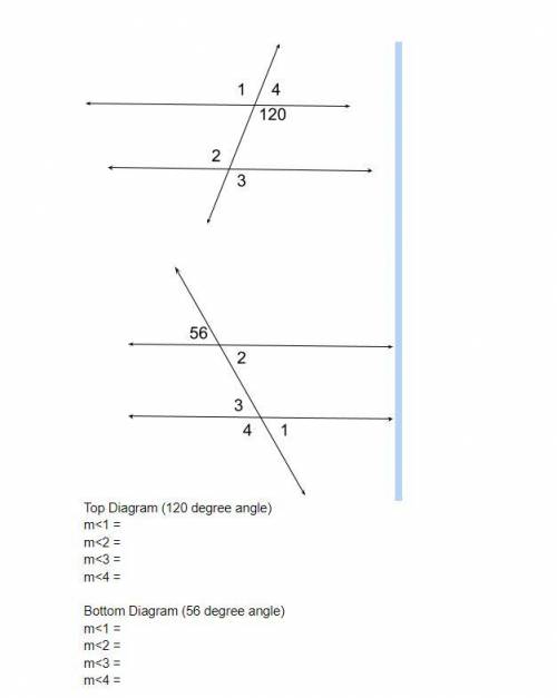 Pls help

Top Diagram (120 degree angle)
m<1 = 
m<2 = 
m<3 = 
m<4 = 
B