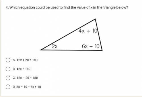 Which equation could be used to find the value of x in the triangle below? (pls help)