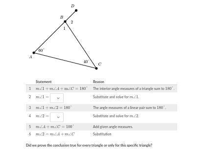 Complete the proof that an exterior triangle angle measure equals the sum of the measures of the tw