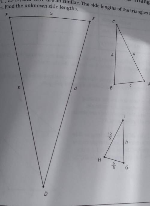 The question is

Triangles ABC, EFD, and GHI are all similar. The side lengths of the triangles a