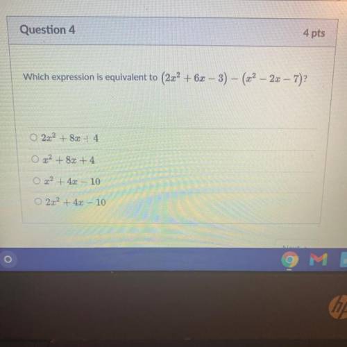 Which expression is equivalent to (2x² + 6x– 3) - (x^2– 2x – 7)?