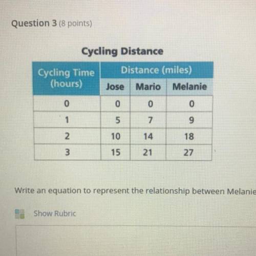Write an equation to represent the relationship between Melanie's distance d and the time t cycled