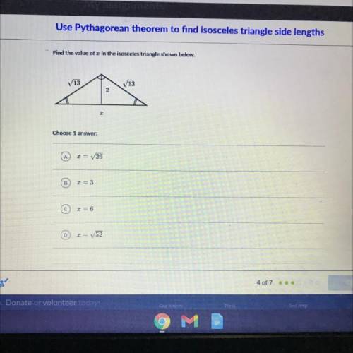 Can you help me? 
Find the the value of c in the isosceles triangle shown below?