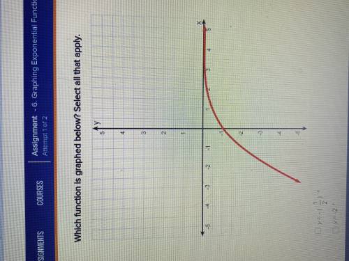 What function is graphed below? Select all that apply.

• y = -(1/2) -x
• y = -2 ^ x
• y = 2 x 
•