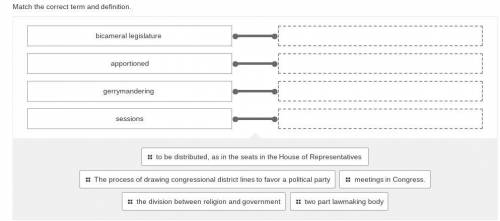 Match the correct term and definition.

bicameral legislature 
apportioned 
gerrymandering 
sessio