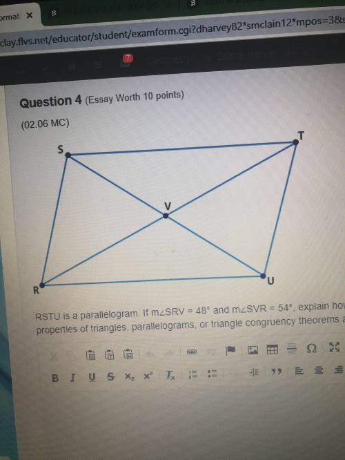 PLEASE I DESPERATELY NEED HELP (20 POINTS)

RSTU is a parallelogram. If m∠SRV = 48° and m∠SVR = 54