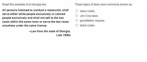 These types of laws were commonly known as

slave codes.
Jim Crow laws.
grandfather clauses.
black