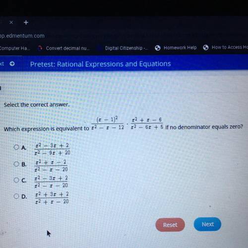 Which expression is equivalent to (x-1)^2 over x^2-x-12 multiplied by x^2+x-6 over x^2-6x+5 if no d