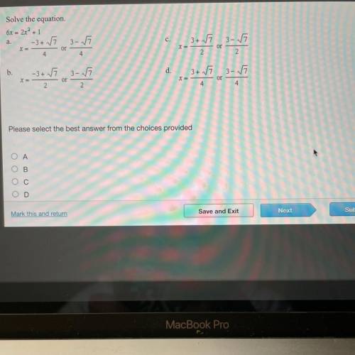 Solve the equation

6x = 27° + 1
a. -3+ 3-ſ
c.
or
or
4
4
2
2
3+ 1/7 of 3-5
2017 -
b.
d.
-3+57 3-5