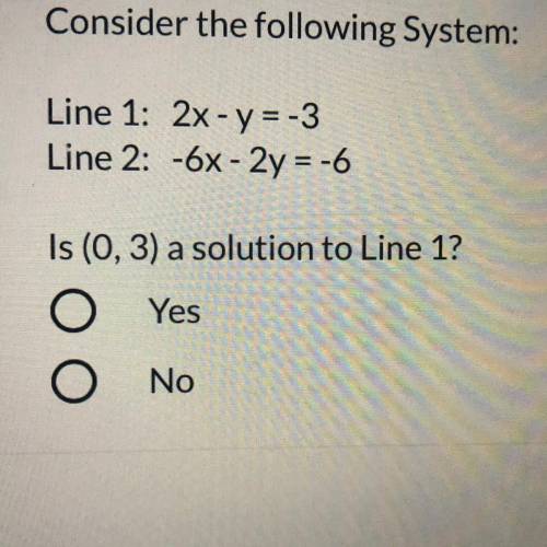 Consider the following System:

Line 1: 2x - y = -3
Line 2: -6x - 2y = -6
Is (0, 3) a solution to