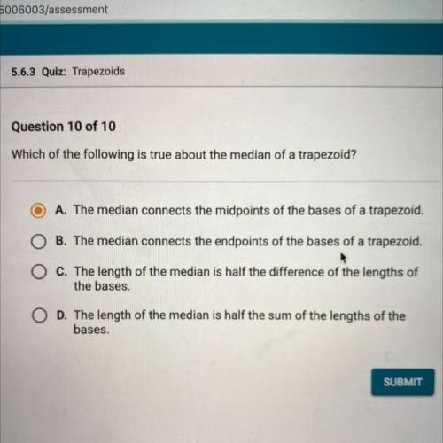 Which of the following is true about the median of a trapezoid?