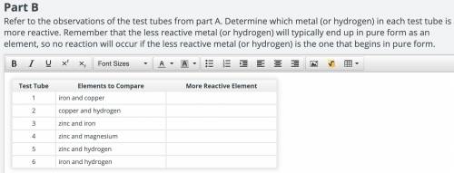 Refer to the observations of the test tubes from part A. Determine which metal (or hydrogen) in eac