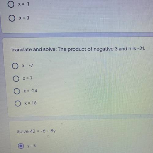 Translate and solve: The product of negative 3 and n is -21