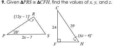 Given ΔPRS≅ΔCFH, find the values of X and Y.