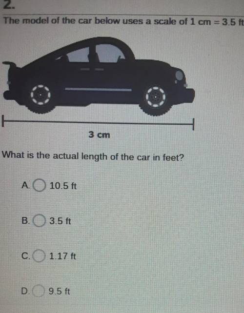 The model of the car below uses a scale of 1 cm = 3.5 ft: 3 cm What is the actual length of the car
