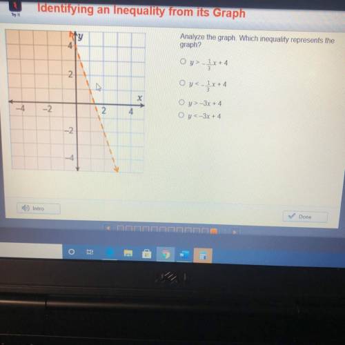 Analyze the graph Which inequality represents the

graph?
4
O y> -
2
Oy<- 1x + 4
3
x
Oy>
