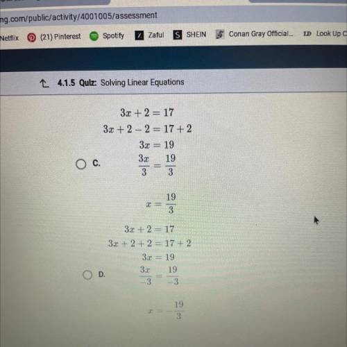Which of the following shows the correct solution steps and solution to
3x + 2 = 17?