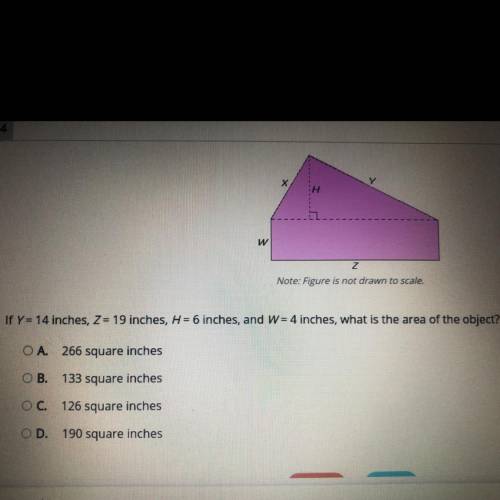 Please help quick!

If Y=14 inches, Z=19 inches, H=6 inches, and W=4 inches, what is the area of t