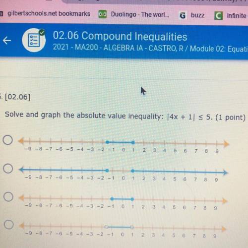 Solve and graph the absolute value inequality: |4x+1|<_5