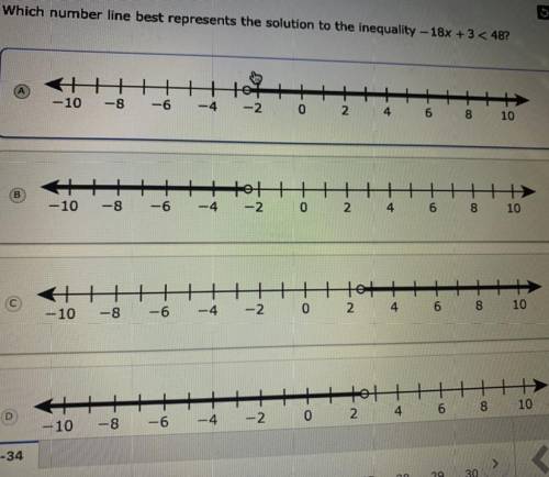 Which number line best represents the solution to the inequality -18x+3<48