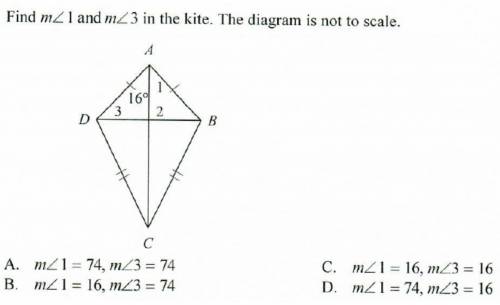 Find the m∠1 and m∠3 in the kite .