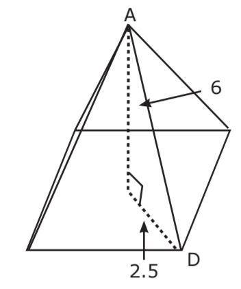 A right square pyramid is shown. The height of the pyramid is 6 units. The distance from the center