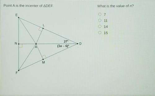 Point A is the incenter of DEF.What is the value of n?A. 7B. 11C. 14D. 15