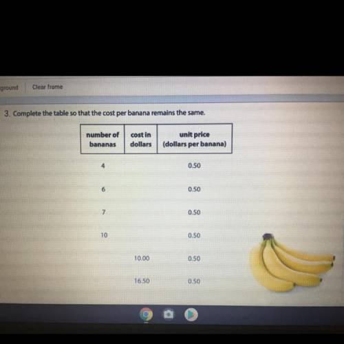 Complete the table so that the cost per banana remains the same.

number of
bananas
cost in
dollar