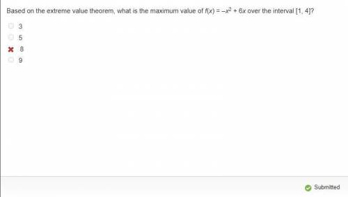 Based on the extreme value theorem, what is the maximum value of f(x) = –x2 + 6x over the interval