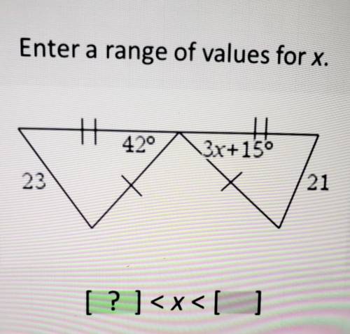 Enter a range of values for x. + 42° 3x+15 3x+15° 23 21 [ ? ]