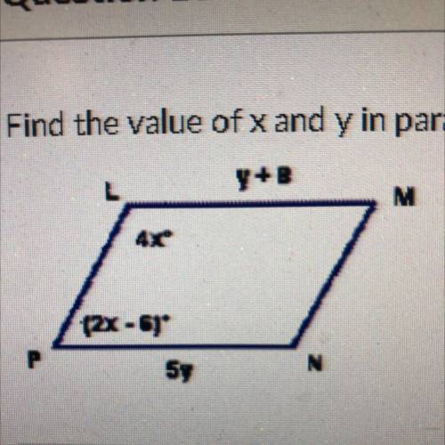 Find the value of x and y in parallelogram LMNP