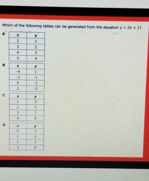 Which of the following tables can be generated from the equation y=2×+1 please help!