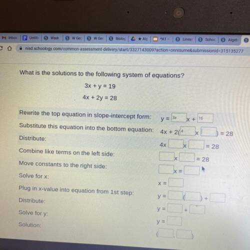 What is the solutions to the following system of equations?

3x + y = 19
4x + 2y = 28
Need help as