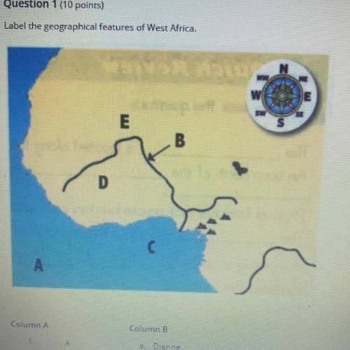 Label the geographical features of West Africa.

N
w
SE
E
S
B
A
Column A
Column B
a. Djenne
1.
A
2