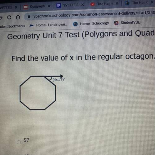 Find the value of x in the regular octagon.
(4x-3)