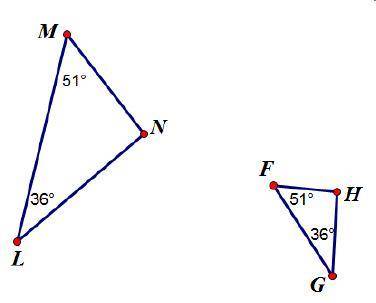 Which best describes the relationship between the two triangles below?

Triangle M L N is similar