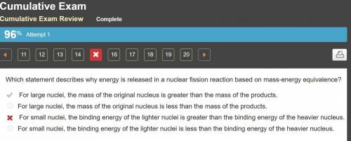 Which statement describes why energy is released in a nuclear fission reaction based on mass-energy