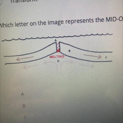 Which letter on the image represents the MID-OCEAN RIDGE?

ELTING
A
B
C
O
D
SCIENCE!!