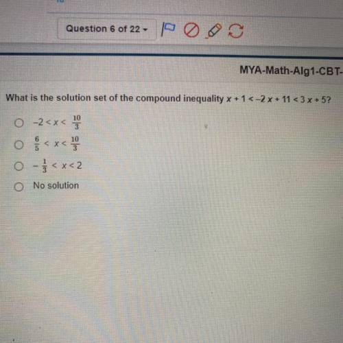 What is the solution set of the compound inequality x+1 <-2x + 11 < 3 x + 5?

10
10
O-2
o
-