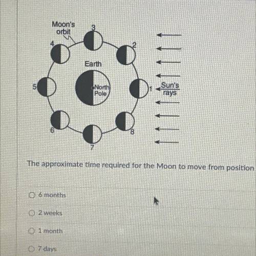 The approximate time required for the Moon to move from position 3 to 7 is...

A. 6months 
B. 2 we