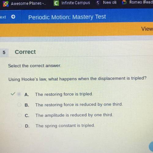 Using Hooke’s law, what happens when the displacement is tripled?

A. The restoring force is tripl