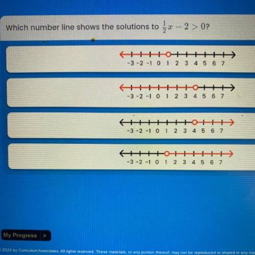 Which number line show the solution to 1/2x-2>0?