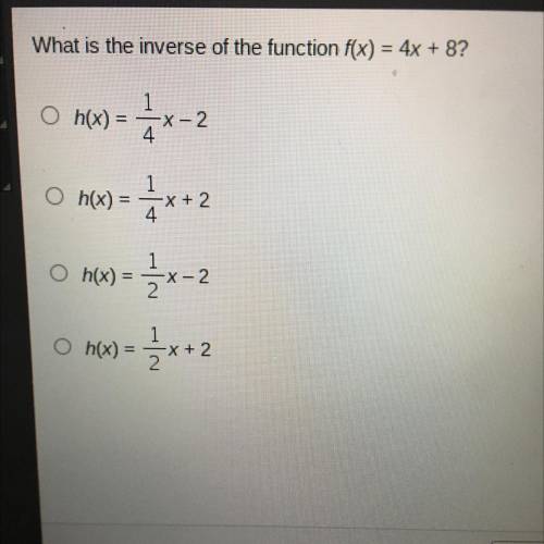 Please help 
What is the inverse of the function f(x) = 4x + 8?