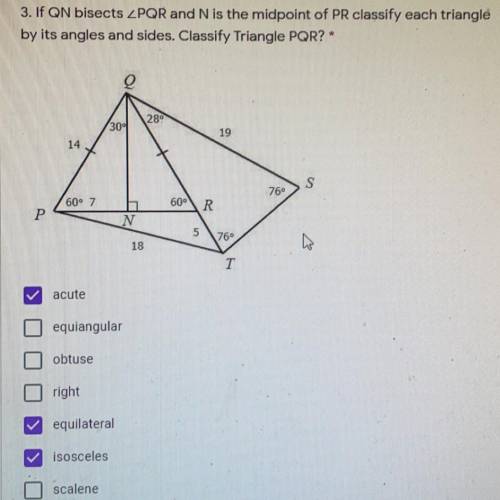 If QN bisects PQR and N is the midpoint of PR classify each triangle by its angles and sides. Class