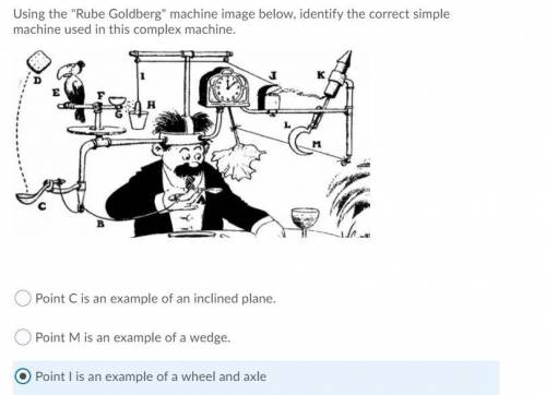 Using the Rube Goldberg machine image below, identify the correct simple machine used in this com