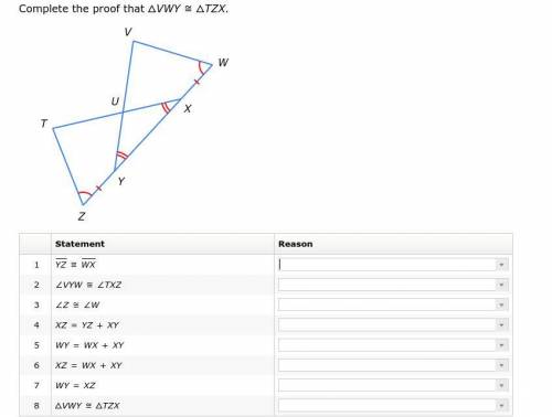 Complete the proof that △VWY≅△TZX. Find all of the reasons for each statement.

Reasons:
1.
2.
3.