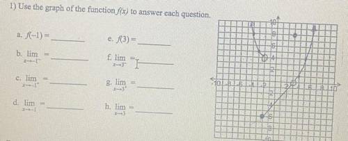 1) Use the graph of the function f(x) to answer each question.

10
a. (-1) =
e. f(3) =
VI
b. lim
-