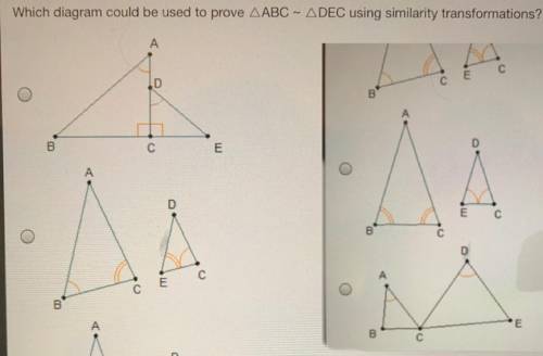 Which diagram could be used to prove (triangle) ACB ~ (triangle) DEC using similarity transformatio