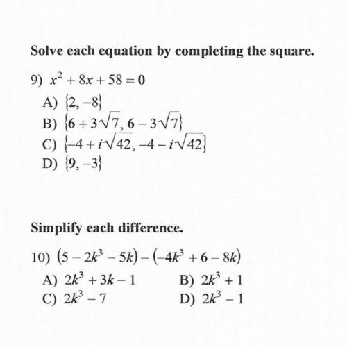 Solve each equation by completing the square. I need help with #9 show work too plsss