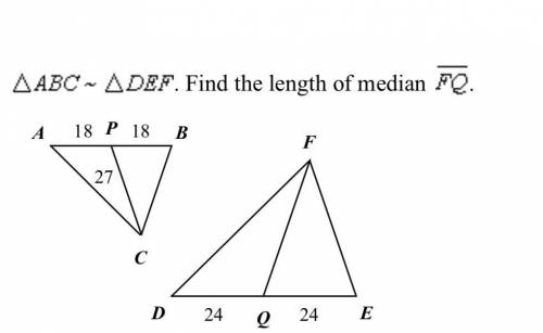 Triangle ABC ~ Triangle DEF. Find the length of median FQ. 20 points